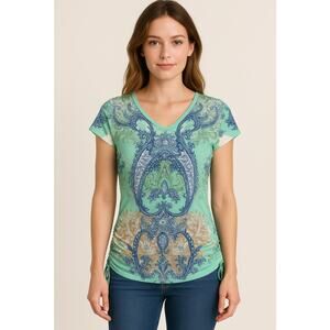 Wrangler WrancheR Women’s Paisley Print Top Size M Aqua & Blue Boho Western Tee